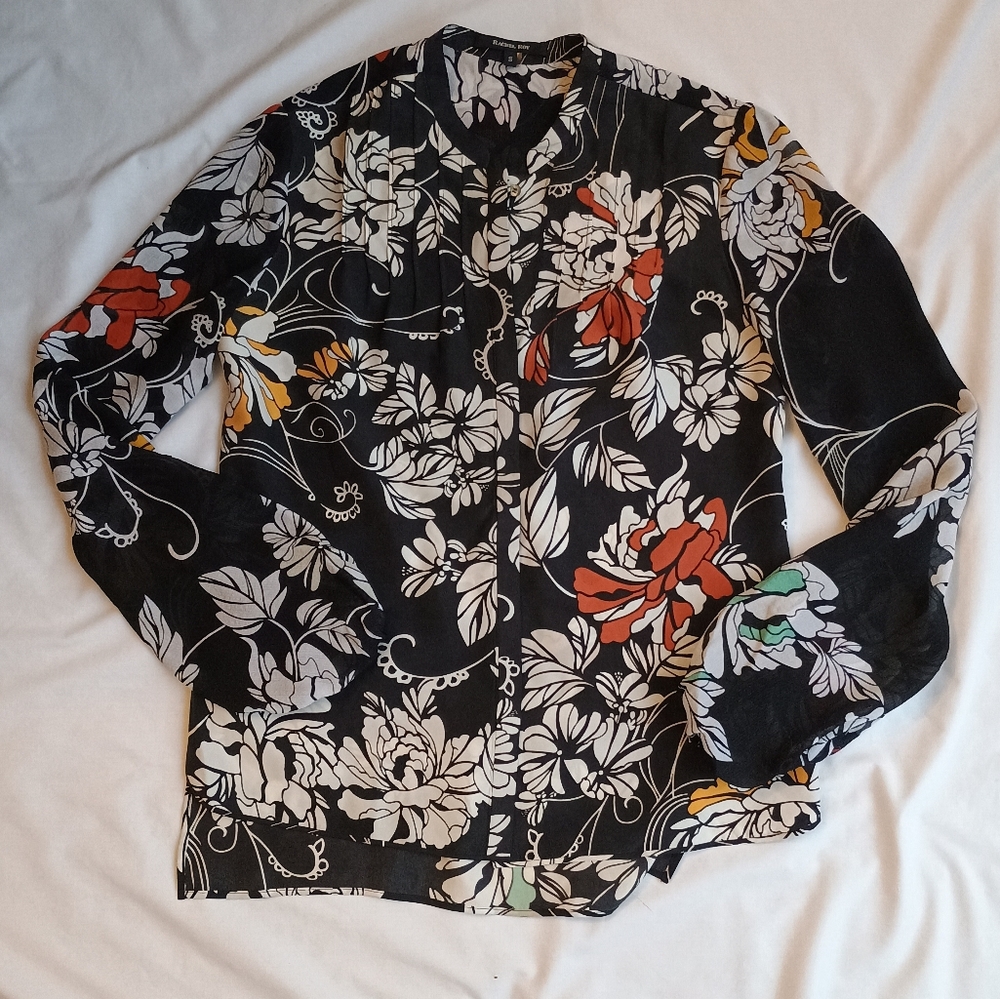 Rachel Roy Silk Blouse Women's S Mandarin Pleated Button Up Black Floral Top